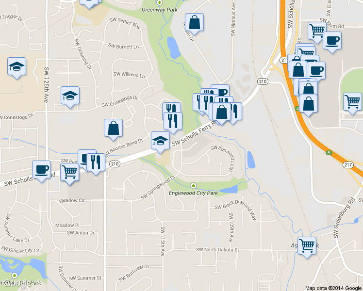 map of restaurants, bars, coffee shops, grocery stores, and more near 10940 Southwest Springwood Drive in Tigard