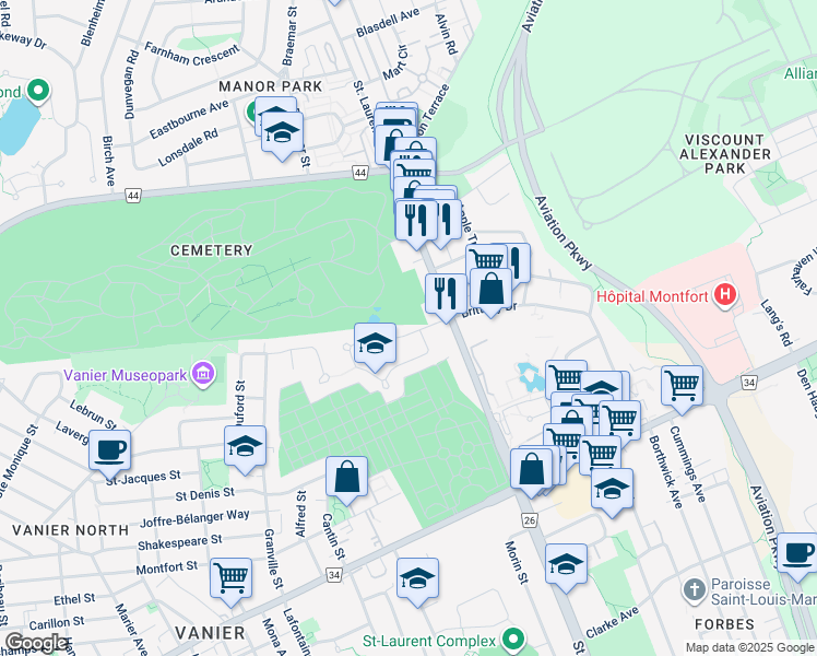 map of restaurants, bars, coffee shops, grocery stores, and more near 11 Dunbarton Court in Ottawa
