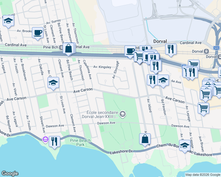 map of restaurants, bars, coffee shops, grocery stores, and more near 304 Berkeley Circle in Dorval