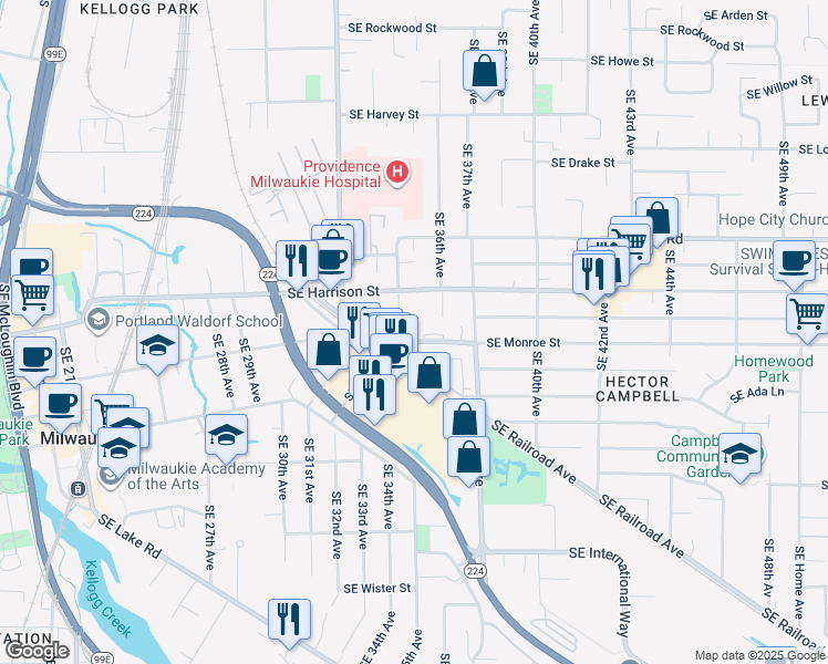 map of restaurants, bars, coffee shops, grocery stores, and more near 3533 Southeast Monroe Street in Milwaukie