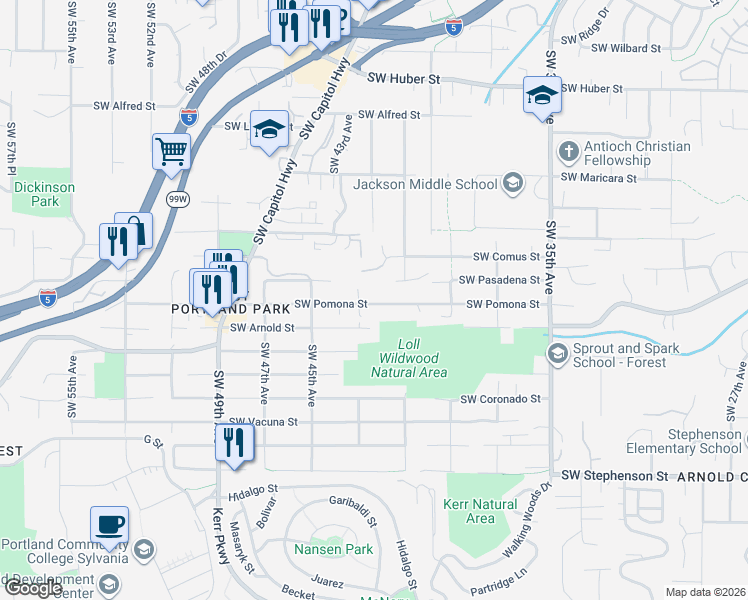 map of restaurants, bars, coffee shops, grocery stores, and more near 4325 Southwest Pomona Street in Portland