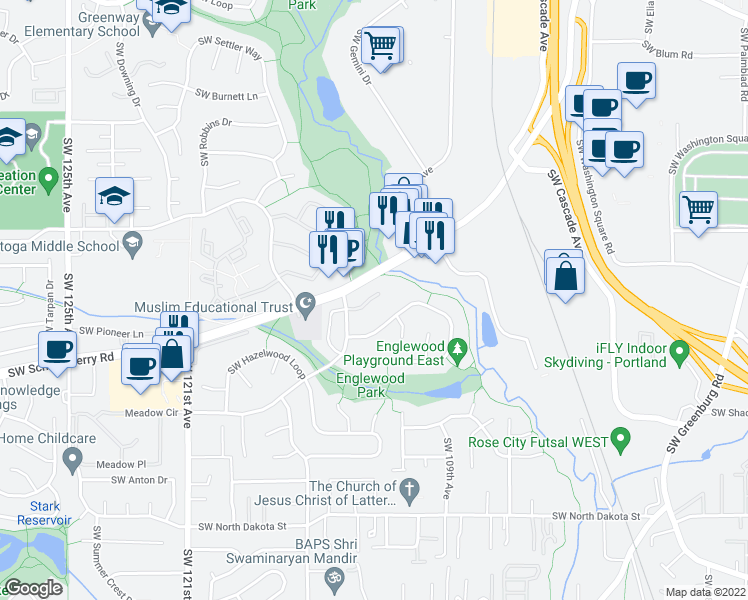 map of restaurants, bars, coffee shops, grocery stores, and more near 10940 Southwest Springwood Drive in Tigard