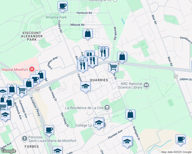 map of restaurants, bars, coffee shops, grocery stores, and more near in Ottawa