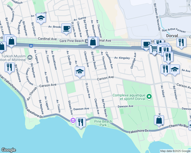 map of restaurants, bars, coffee shops, grocery stores, and more near 320 Boulevard Pine Beach in Dorval