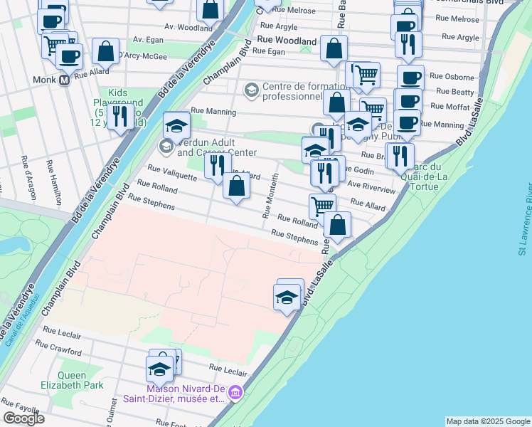 map of restaurants, bars, coffee shops, grocery stores, and more near Rolland Street in Montreal