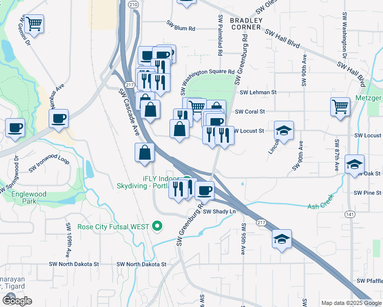 map of restaurants, bars, coffee shops, grocery stores, and more near 9800 Southwest Washington Square Road in Tigard