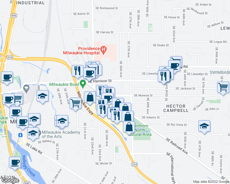 map of restaurants, bars, coffee shops, grocery stores, and more near 3533 Southeast Monroe Street in Milwaukie