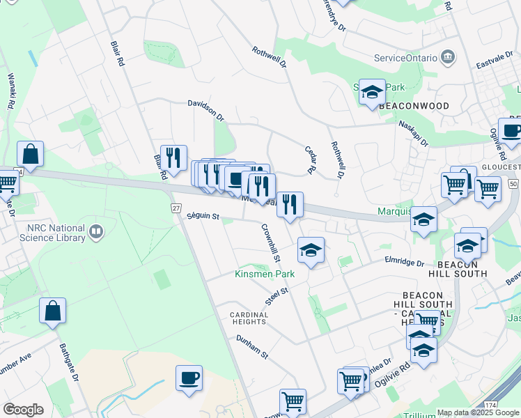 map of restaurants, bars, coffee shops, grocery stores, and more near 1745 Ottawa 34 in Ottawa