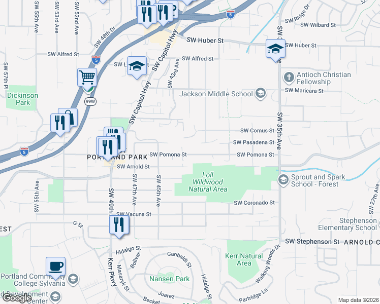 map of restaurants, bars, coffee shops, grocery stores, and more near 4325 Southwest Pomona Street in Portland