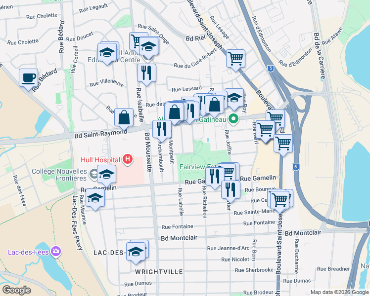 map of restaurants, bars, coffee shops, grocery stores, and more near 6 Rue Larose in Gatineau