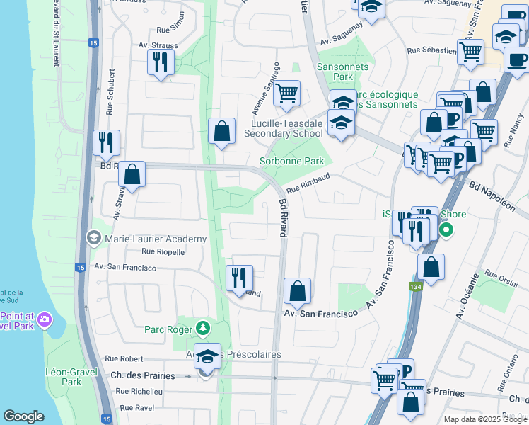 map of restaurants, bars, coffee shops, grocery stores, and more near 8770 Place Rabelais in Brossard