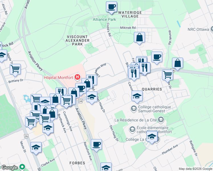 map of restaurants, bars, coffee shops, grocery stores, and more near 799 Montreal Road in Ottawa