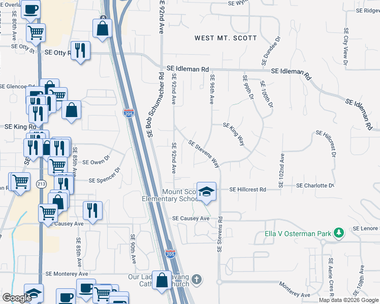 map of restaurants, bars, coffee shops, grocery stores, and more near 10723 Southeast 95th Court in Happy Valley