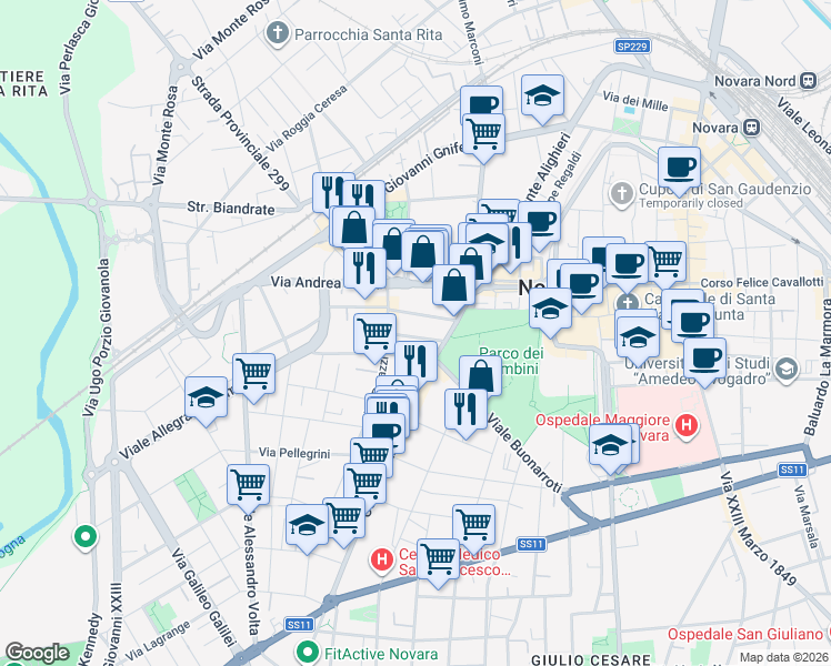 map of restaurants, bars, coffee shops, grocery stores, and more near 8 Via Santorre di Santarosa in Novara