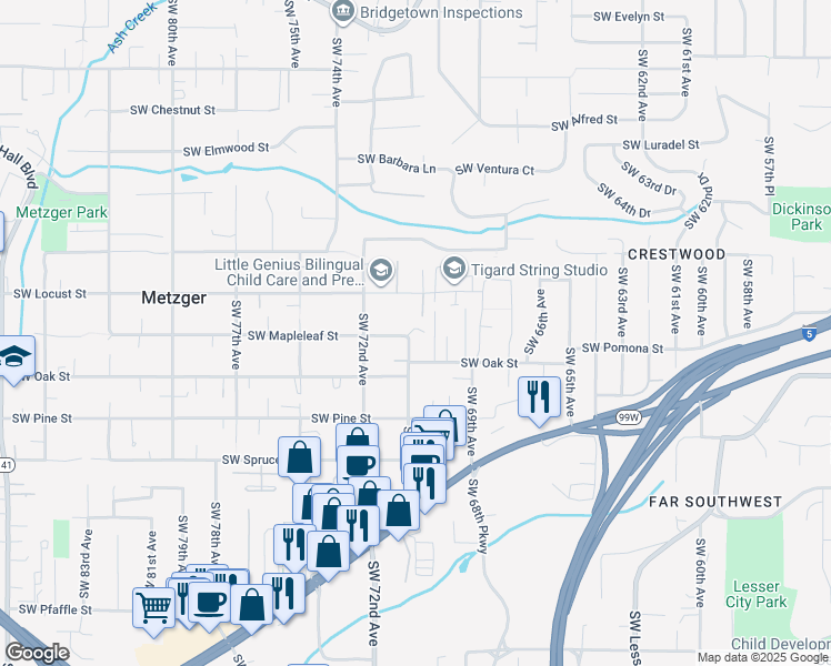 map of restaurants, bars, coffee shops, grocery stores, and more near 7017 Southwest Mapleleaf Street in Tigard