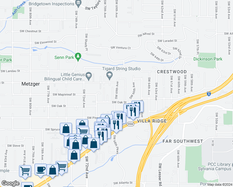 map of restaurants, bars, coffee shops, grocery stores, and more near 10138 Southwest 69th Avenue in Tigard