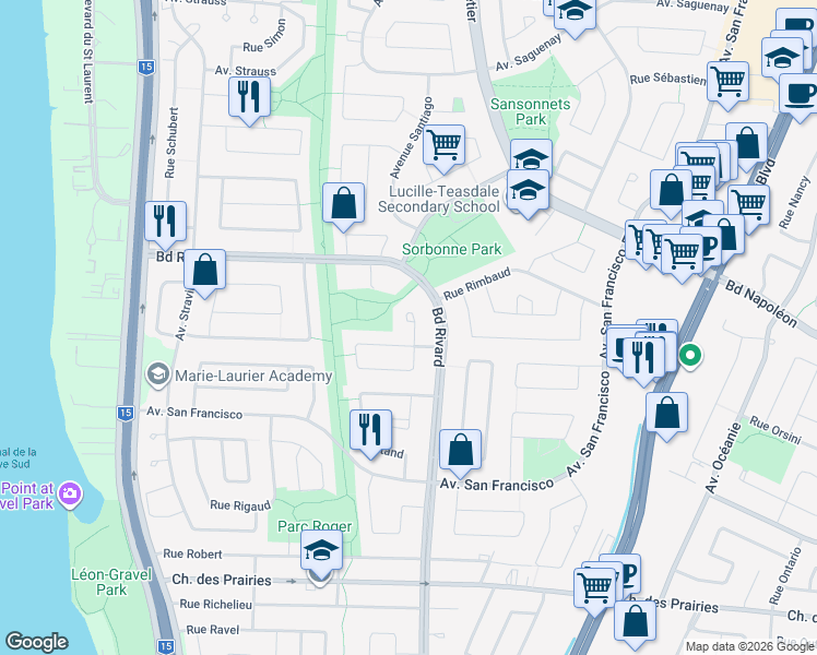 map of restaurants, bars, coffee shops, grocery stores, and more near 8770 Place Rabelais in Brossard