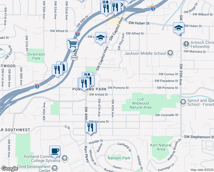 map of restaurants, bars, coffee shops, grocery stores, and more near 4535 Southwest Pomona Street in Portland