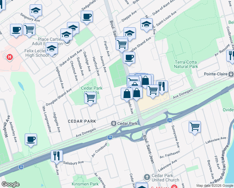 map of restaurants, bars, coffee shops, grocery stores, and more near 219 Avenue Springdale in Pointe-Claire