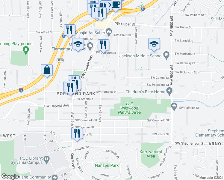 map of restaurants, bars, coffee shops, grocery stores, and more near 4325 Southwest Pomona Street in Portland