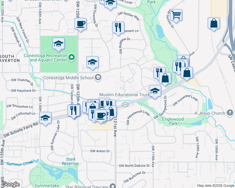 map of restaurants, bars, coffee shops, grocery stores, and more near 10353 Southwest Trapper Terrace in Beaverton