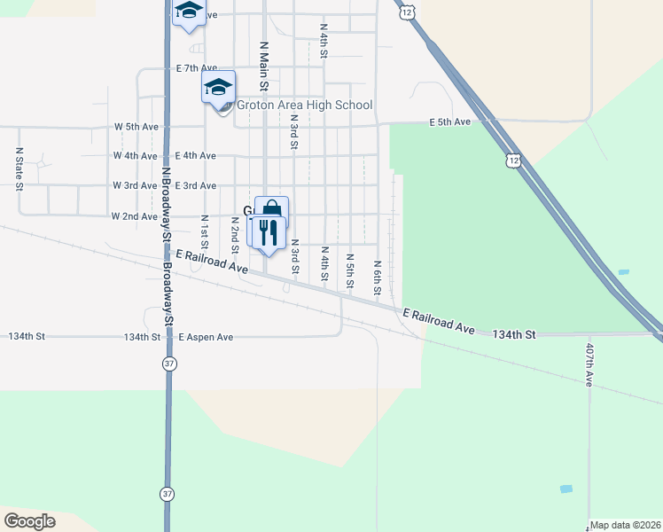 map of restaurants, bars, coffee shops, grocery stores, and more near 15 North 4th Street in Groton