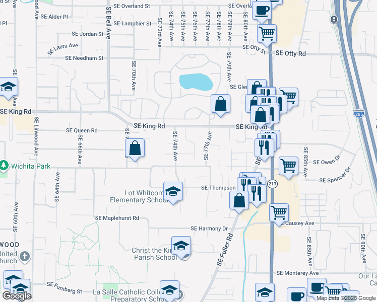 map of restaurants, bars, coffee shops, grocery stores, and more near 7441 Southeast Jack Street in Milwaukie