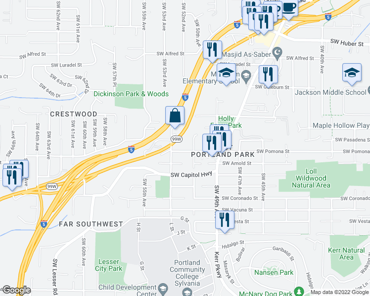 map of restaurants, bars, coffee shops, grocery stores, and more near 5135 Southwest Pomona Street in Portland