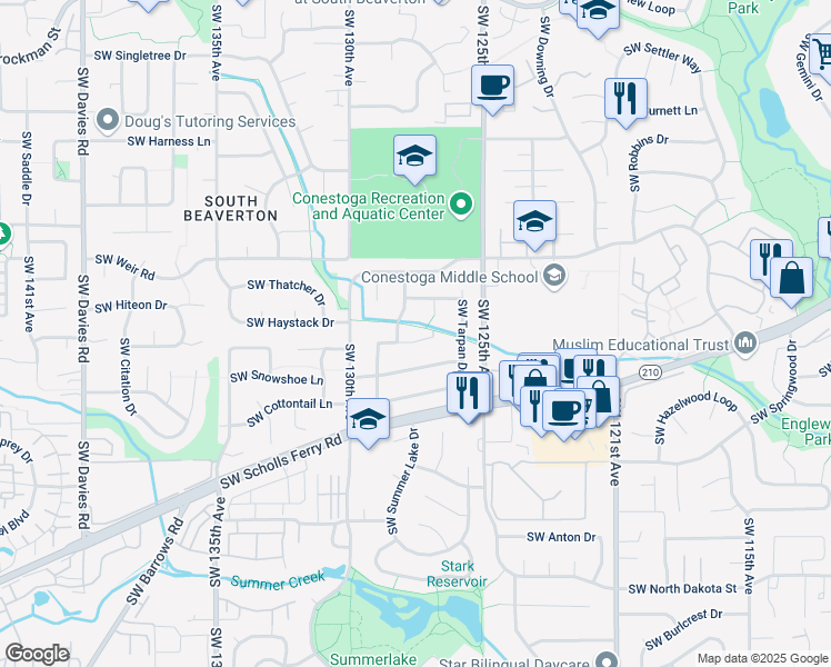 map of restaurants, bars, coffee shops, grocery stores, and more near 12745 Southwest Galloway Court in Beaverton