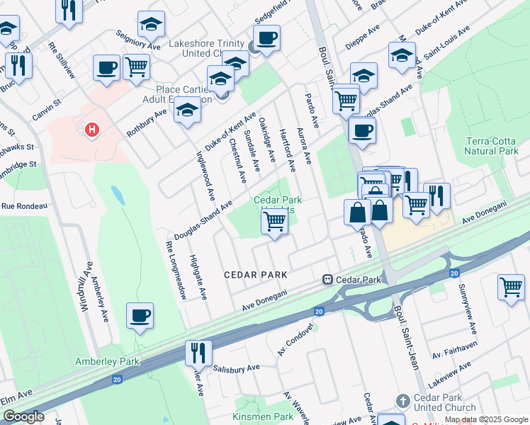 map of restaurants, bars, coffee shops, grocery stores, and more near 12 Avenue Robinsdale in Pointe-Claire