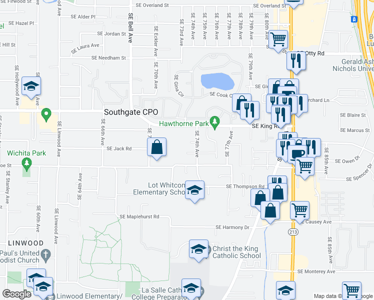 map of restaurants, bars, coffee shops, grocery stores, and more near 7313 Southeast Jack Street in Milwaukie