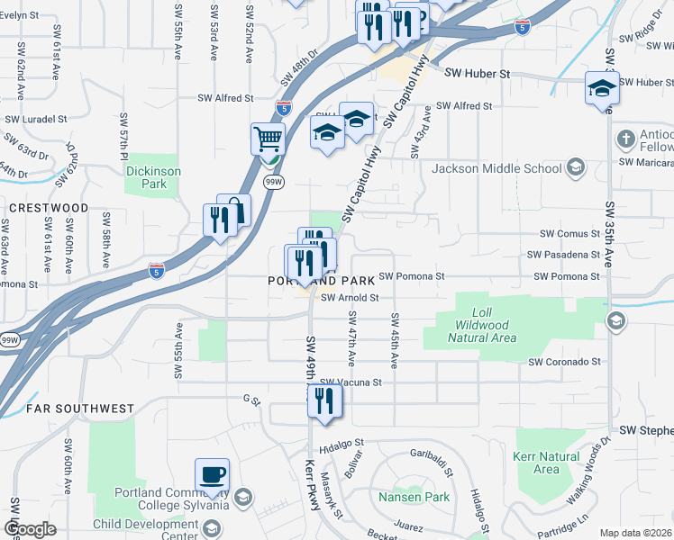 map of restaurants, bars, coffee shops, grocery stores, and more near 4725 Southwest Pomona Street in Portland