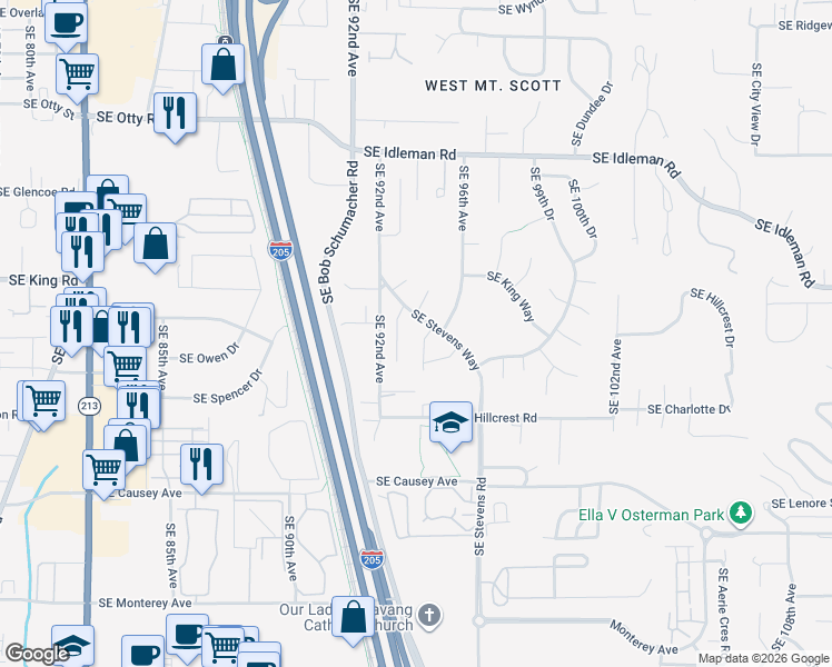 map of restaurants, bars, coffee shops, grocery stores, and more near 10723 Southeast 95th Court in Happy Valley
