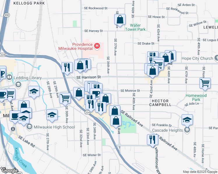 map of restaurants, bars, coffee shops, grocery stores, and more near 3533 Southeast Monroe Street in Milwaukie