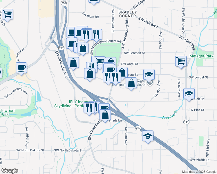 map of restaurants, bars, coffee shops, grocery stores, and more near in Tigard