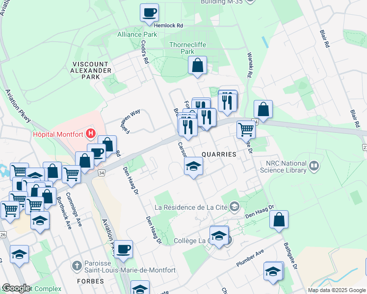 map of restaurants, bars, coffee shops, grocery stores, and more near in Ottawa