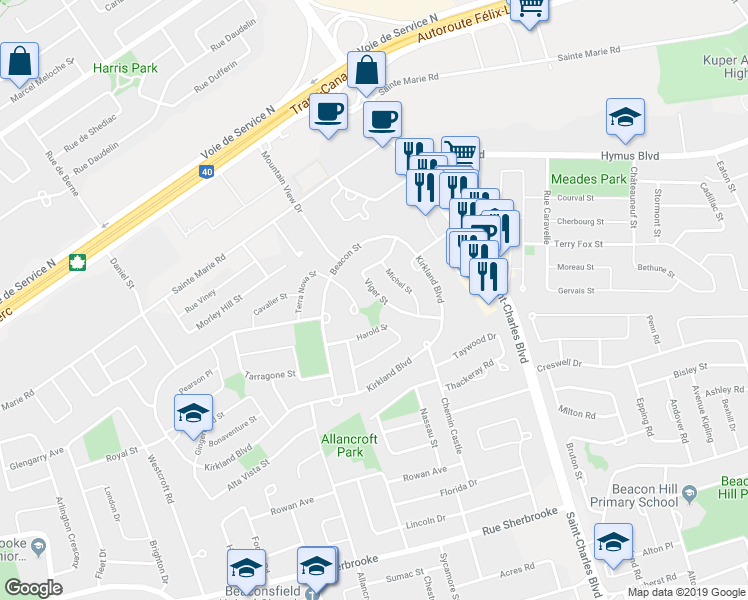 map of restaurants, bars, coffee shops, grocery stores, and more near 22 Rue Viger in Kirkland