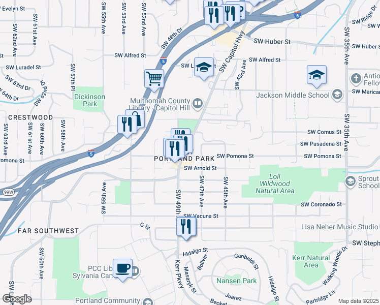 map of restaurants, bars, coffee shops, grocery stores, and more near 4717 Southwest Pomona Street in Portland