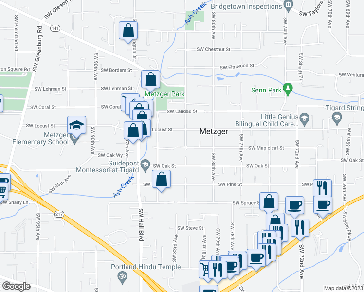 map of restaurants, bars, coffee shops, grocery stores, and more near 10285 Southwest 82nd Avenue in Portland