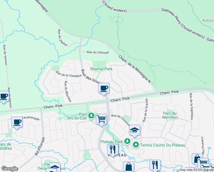 map of restaurants, bars, coffee shops, grocery stores, and more near 3 Rue des Alizés in Gatineau
