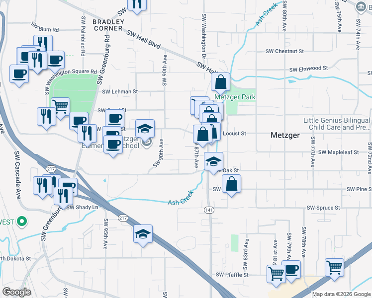 map of restaurants, bars, coffee shops, grocery stores, and more near 8820 Southwest Maple Court in Tigard