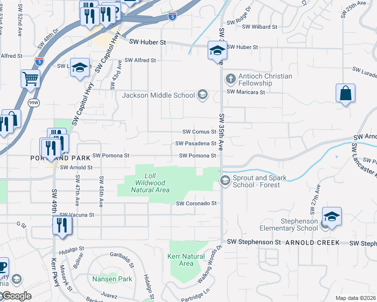 map of restaurants, bars, coffee shops, grocery stores, and more near 3739 Southwest Pomona Street in Portland