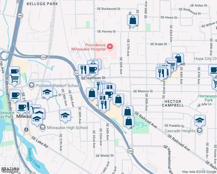 map of restaurants, bars, coffee shops, grocery stores, and more near 3339 Southeast Monroe Street in Milwaukie
