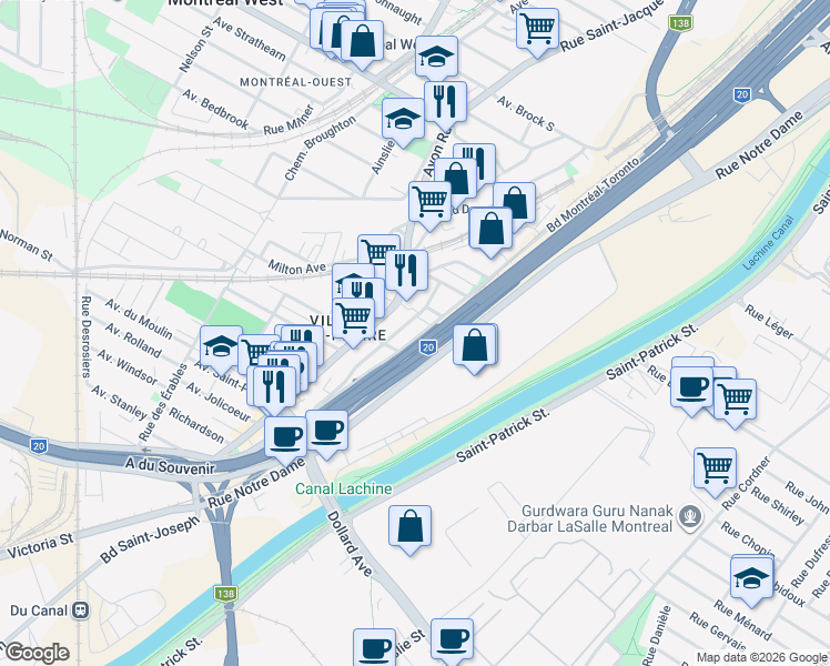 map of restaurants, bars, coffee shops, grocery stores, and more near 106 Rue Richmond in Montréal