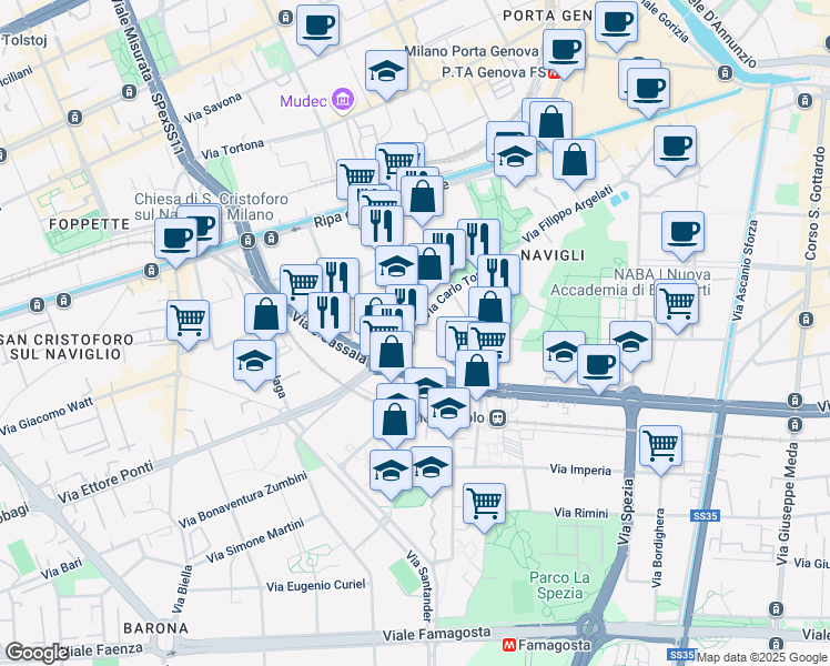 map of restaurants, bars, coffee shops, grocery stores, and more near 39 Via Carlo Torre in Milano