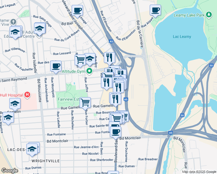 map of restaurants, bars, coffee shops, grocery stores, and more near 425 Boulevard Saint-Joseph in Gatineau