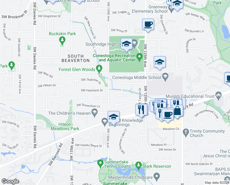 map of restaurants, bars, coffee shops, grocery stores, and more near 10305 Southwest Clydesdale Terrace in Beaverton