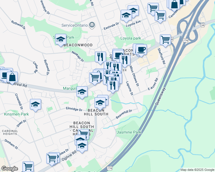 map of restaurants, bars, coffee shops, grocery stores, and more near in Ottawa