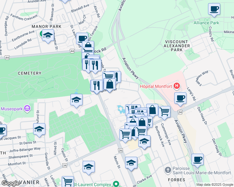 map of restaurants, bars, coffee shops, grocery stores, and more near 248 Brittany Drive in Ottawa