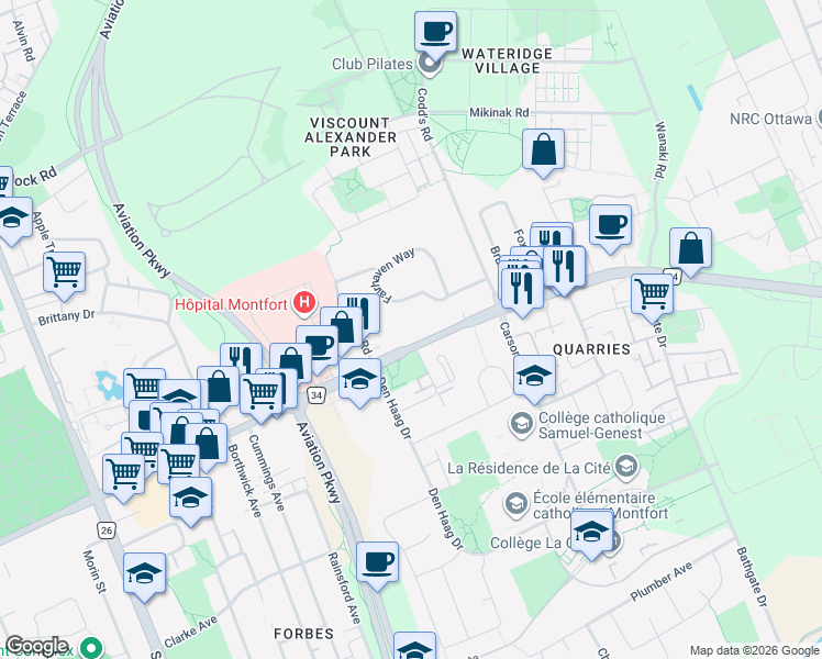 map of restaurants, bars, coffee shops, grocery stores, and more near 797 Montréal Road in Ottawa